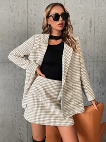 Houndstooth Double Breasted Blazer & Skirt - Multicolor - View 3
