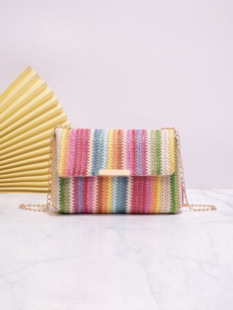 撞色條紋圖案鏈條草編包