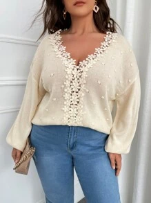SHEIN Unity Plus Contrast Guipure Lace Popcorn Knit Drop Shoulder Jumper - Beige - View 1