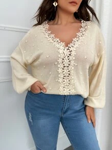 SHEIN Unity Plus Contrast Guipure Lace Popcorn Knit Drop Shoulder Jumper - Beige - View 4