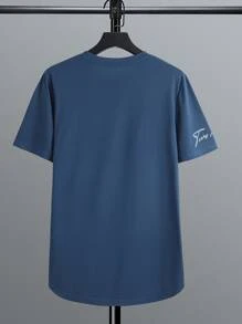 Manfinity Homme 男士反光花卉和字母圖案T恤 - 藏蓝色 - 查看 2