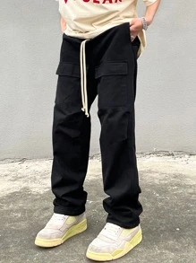 Claim Dot Men Flap Pocket Drawstring Waist Pants - Black - View 1