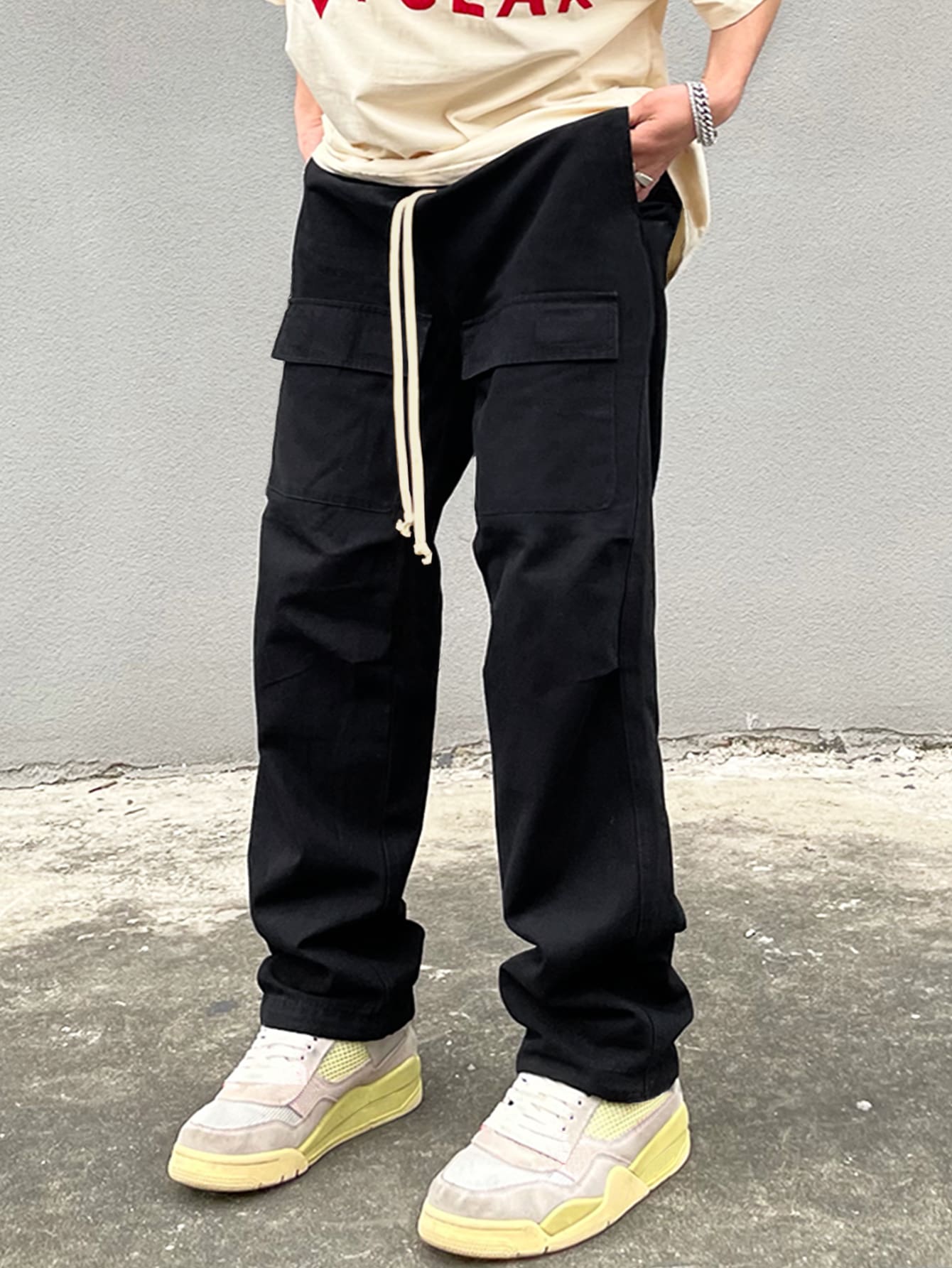 Claim Dot Men Flap Pocket Drawstring Waist Pants - Black - View 1