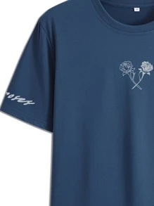 Manfinity Homme 男士反光花卉和字母圖案T恤 - 藏蓝色 - 查看 5