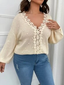 SHEIN Unity Plus Contrast Guipure Lace Popcorn Knit Drop Shoulder Jumper - Beige - View 6