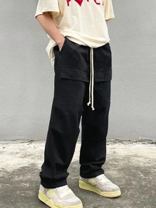 Claim Dot Men Flap Pocket Drawstring Waist Pants - Black - View 5