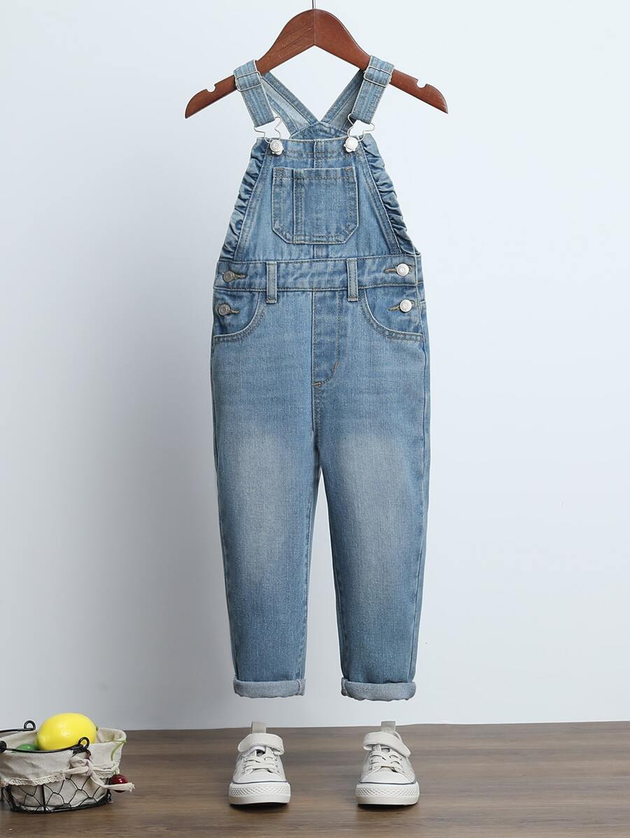 SHEIN Explorewe Young Girl Frill Trim Patched Pocket Denim Overalls - Medium Wash - View 1