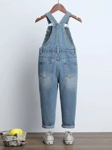 SHEIN Explorewe Young Girl Frill Trim Patched Pocket Denim Overalls - Medium Wash - View 2