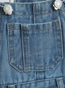 SHEIN Explorewe Young Girl Frill Trim Patched Pocket Denim Overalls - Medium Wash - View 4