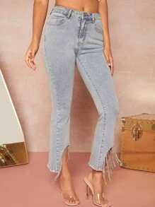 Raw Hem Rhinestone Fringe Flare Jeans - Light Wash - View 4