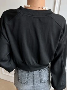 DAZY Thư được vá Tay áo Đèn lồng Nút phía trước Áo Jacket Crop - màu đen - Xem 2
