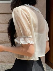 DAZY 無背心花繡網紗荷葉邊飄帶袖帶扣上衣 - 白色 - 查看 2