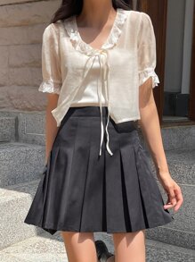 DAZY 無背心花繡網紗荷葉邊飄帶袖帶扣上衣 - 白色 - 查看 4