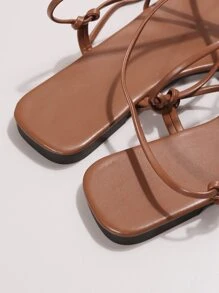 Phụ nữ Criss Cross Tie Leg Thiết kế ngón chân bài quai, Thời trang mùa hè ngoài trời Phối ren Giày xăng đan đế bằng - Rỉ Nâu - Xem 2