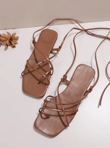 Phụ nữ Criss Cross Tie Leg Thiết kế ngón chân bài quai, Thời trang mùa hè ngoài trời Phối ren Giày xăng đan đế bằng - Rỉ Nâu - Xem 6