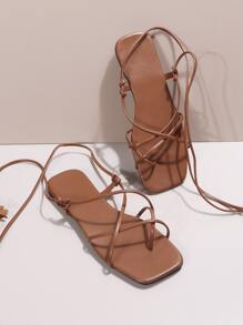 Phụ nữ Criss Cross Tie Leg Thiết kế ngón chân bài quai, Thời trang mùa hè ngoài trời Phối ren Giày xăng đan đế bằng - Rỉ Nâu - Xem 7