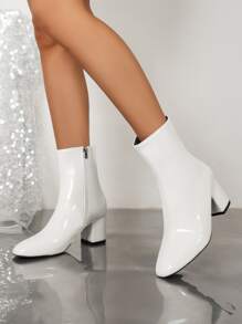 Elegant White Solid Color Women's Fashion Boots Side Zipper Chunky Heel Classic Boots With Square Toe - White - View 3