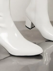 Elegant White Solid Color Women's Fashion Boots Side Zipper Chunky Heel Classic Boots With Square Toe - White - View 4