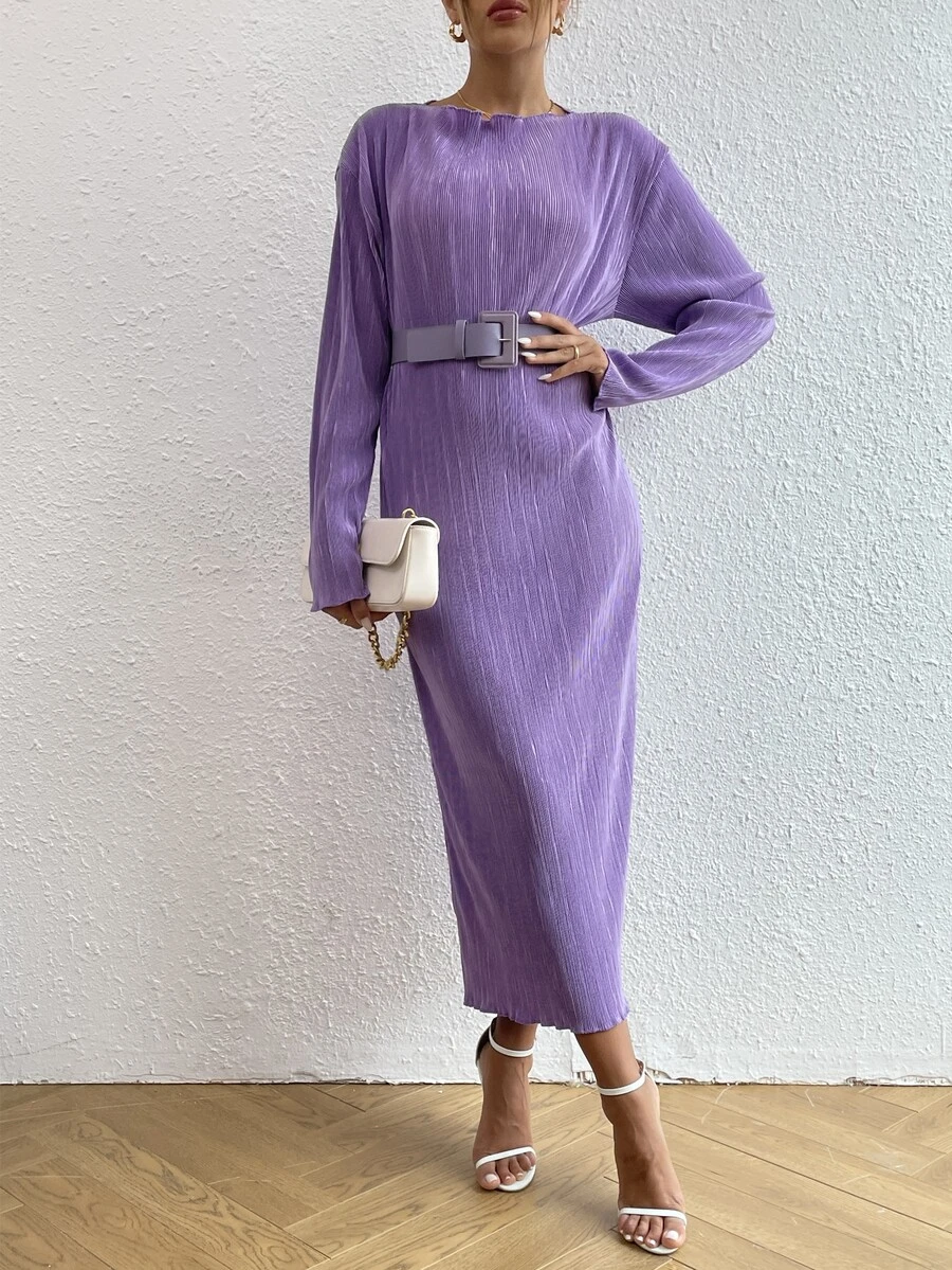 Váy có thắt lưng Thả vai Plisse - Màu tím Violet - Xem 1