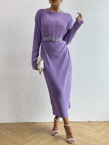 Váy có thắt lưng Thả vai Plisse - Màu tím  Violet - Xem 4