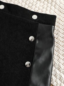 SHEIN Young Girl Solid Contrast PU Skirt - Black - View 3