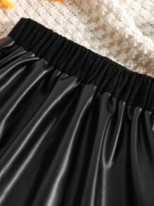 SHEIN Young Girl Solid Contrast PU Skirt - Black - View 4