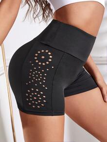 Hollow Out Tummy Control Sports Shorts - Black - View 2
