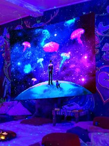 Jellyfish Pattern Glow In The Dark Tapestry - Multicolor - View 3