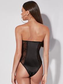 SHEIN BAE Contrast Lace Bustier Tube Bodysuit - Black - View 2