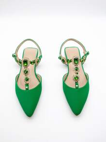 Zapatillas con tira tobillera con diseño de diamante de imitación de punta - Verde - Ver 1