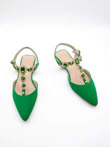 Zapatillas con tira tobillera con diseño de diamante de imitación de punta - Verde - Ver 2