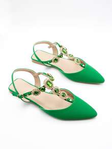 Zapatillas con tira tobillera con diseño de diamante de imitación de punta - Verde - Ver 3
