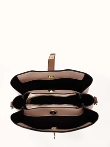 Bolso tipo cubo con decoración de hebilla multicapa de moda para mujer, 1 pieza de bolso de hombro de piel sintética de colores contrastantes con múltiples bolsillos, adecuado para chicas, mujeres, recién llegados al mundo laboral y trabajadores de oficina, perfecto para el trabajo, los negocios, el ir y venir, ideas de regalos perfectas para el Día de la Madre, regalos del Día de la Madre, regalos para mamá, artículos esenciales de mamá, bolso de mamá para salir - Caqui - Ver 7