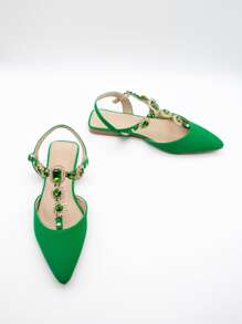 Zapatillas con tira tobillera con diseño de diamante de imitación de punta - Verde - Ver 4