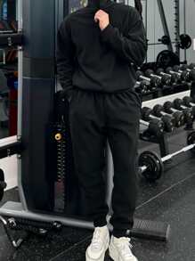 Manfinity Homme Men Casual Solid Half Zip Sweatshirt & Sweatpants Gym Clothes, Going Out, Men's Jogging Outfits, Gym Clothes, Black Sweats Men, Sweat Set For Men , Fall Clothes