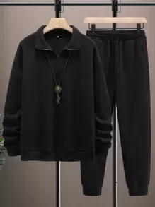 Manfinity Homme Men Casual Solid Half Zip Sweatshirt & Sweatpants Gym Clothes, Going Out, Men's Jogging Outfits, Gym Clothes, Black Sweats Men, Sweat Set For Men , Fall Clothes