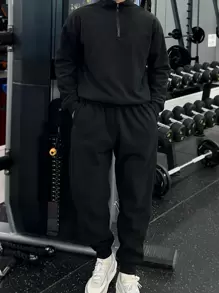 Manfinity Homme Men Casual Solid Half Zip Sweatshirt & Sweatpants Gym Clothes, Going Out, Men's Jogging Outfits, Gym Clothes, Black Sweats Men, Sweat Set For Men , Fall Clothes