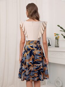 Graphic Print Square Neck Ruffle Trim Dress - Multicolor - View 2