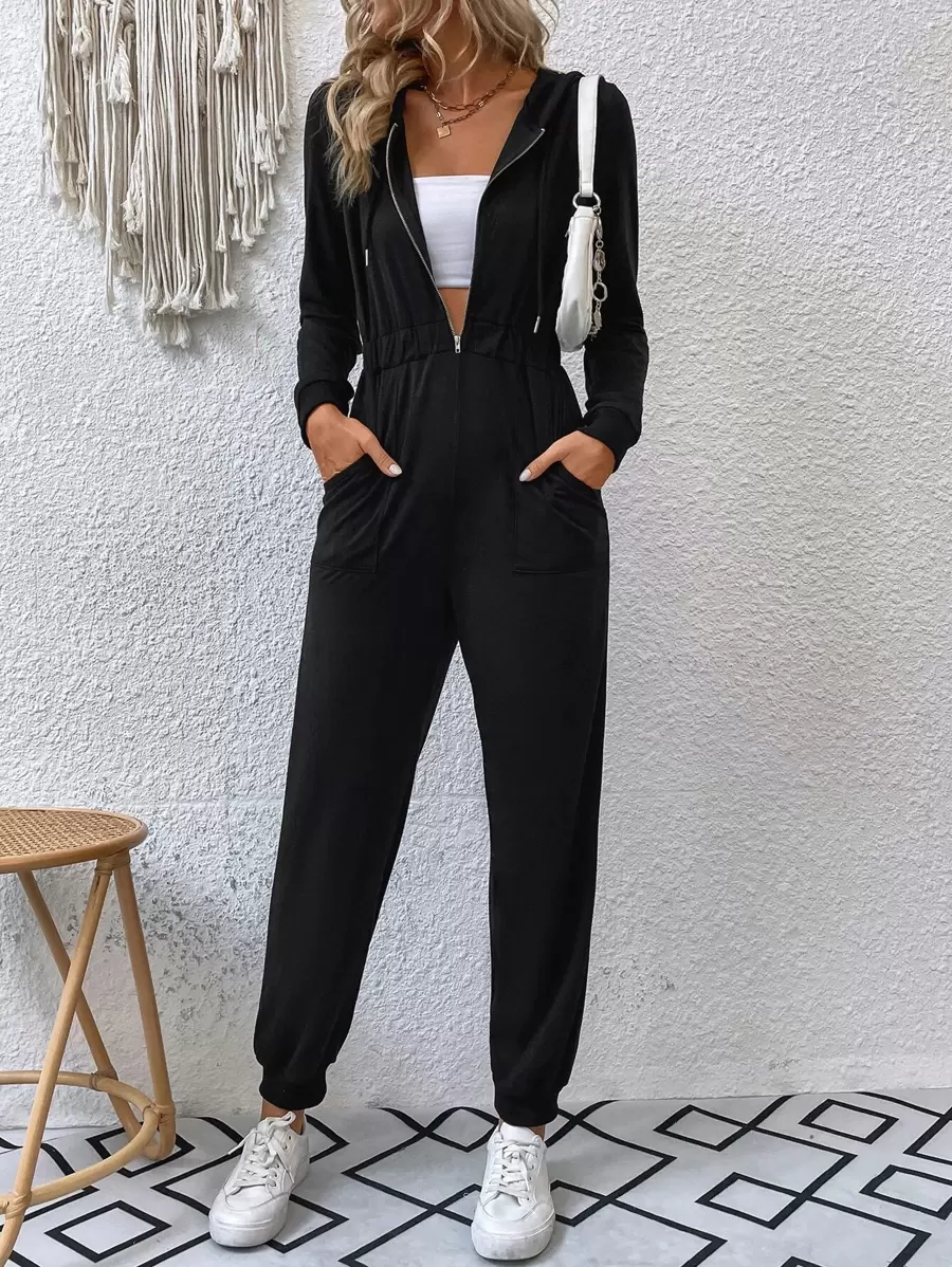 SHEIN LUNE Mono con doble bolsillo con abertura media con cordón con capucha - Negro - Ver 1