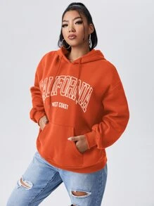 Flirla 加大码字母图案袋鼠口袋抽绳卫衣 - 亮橙色 - 查看 3