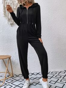 SHEIN LUNE Mono con doble bolsillo con abertura media con cordón con capucha - Negro - Ver 6