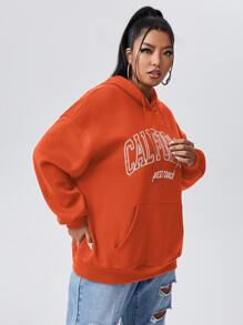 Flirla 加大码字母图案袋鼠口袋抽绳卫衣 - 亮橙色 - 查看 5