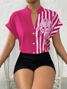 SHEIN Clasi Floral And Striped Print Button Up Shirt - Hot Pink - View 1