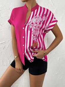 SHEIN Clasi Floral And Striped Print Button Up Shirt - Hot Pink - View 4
