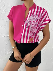 SHEIN Clasi Floral And Striped Print Button Up Shirt - Hot Pink - View 5