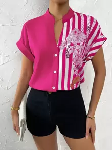 SHEIN Clasi Floral And Striped Print Button Up Shirt - Hot Pink - View 6