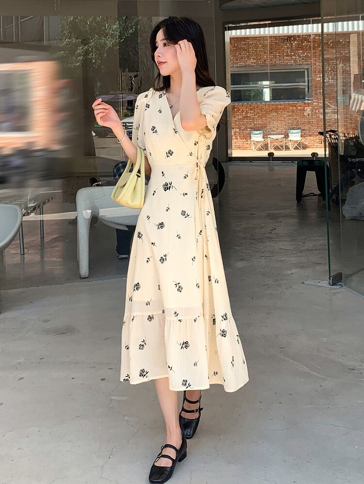 DAZY Floral Print Puff Sleeve Tie Side Wrap Dress - White - View 6