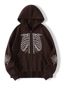 SHEIN Unity Skeleton Rhinestone Zip Up Thermal Lined Hoodie - Chocolate Brown - View 1
