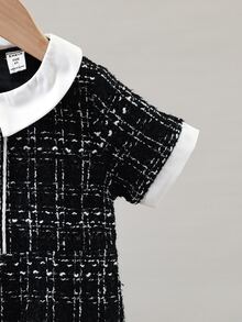 Toddler Girls Plaid Pattern Peter-pan Collar Fake Button Tweed Dress - Black - View 3