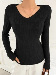 DAZY Suéter de cuello en V sólido, ropa de otoño - Negro - Ver 2